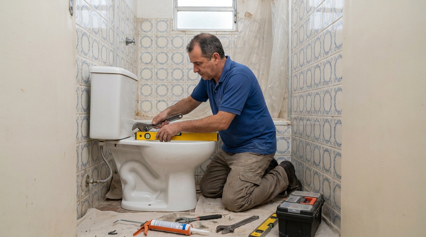 Técnico instalando vaso sanitário em Lages‑SC